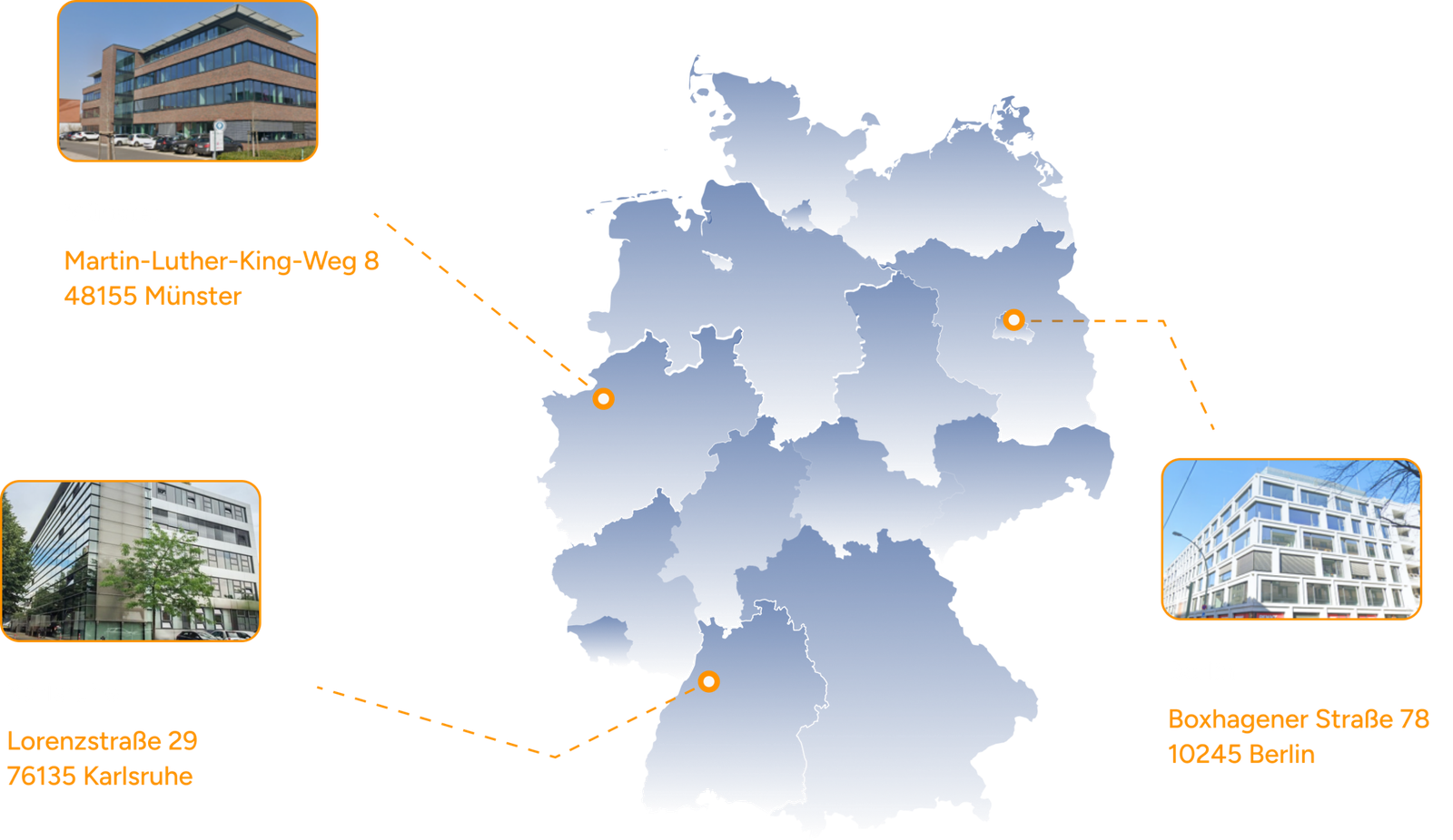 Unser Hauptsitz befindet sich in Karlsruhe. Von unseren anderen Standorten aus betreuen wir Kunden deutschlandweit - auch online.