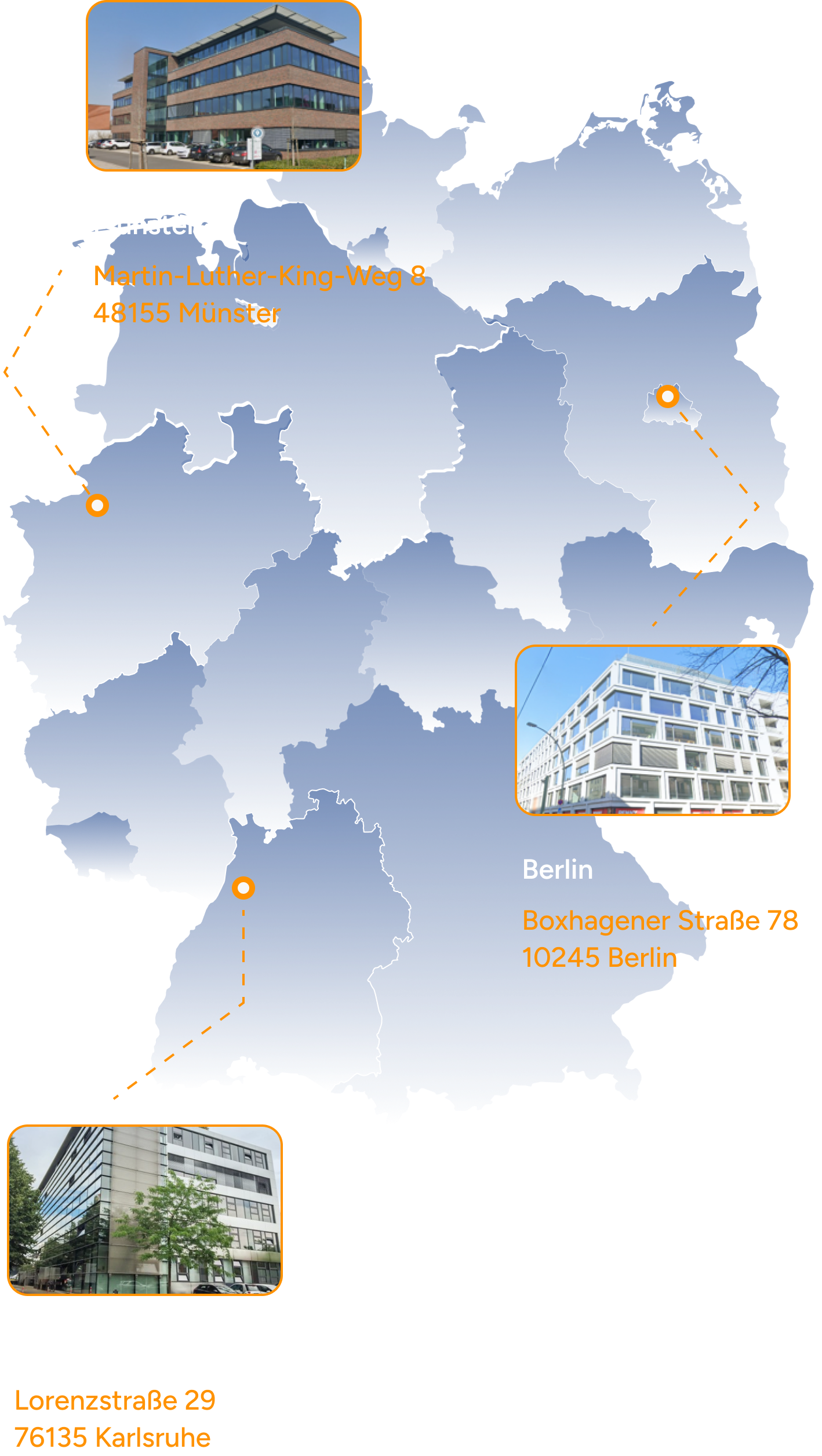 Unser Hauptsitz befindet sich in Karlsruhe. Von unseren anderen Standorten aus betreuen wir Kunden deutschlandweit - auch online.